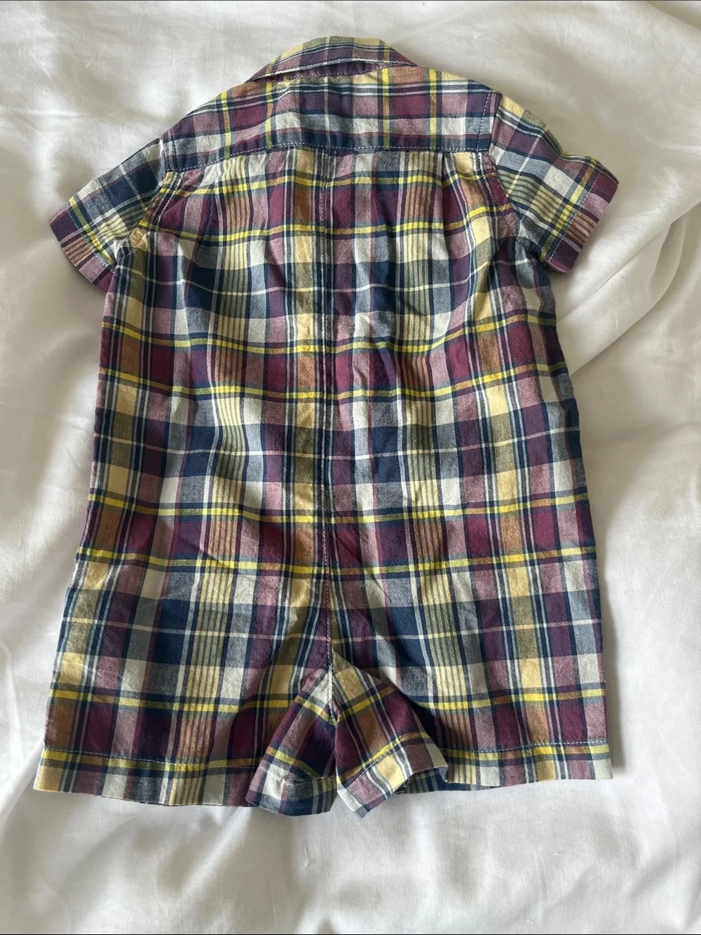NWT Ralph Lauren | Boys Short-Sleeve Plaid Collared Romper Cotton 3M Navy Yellow